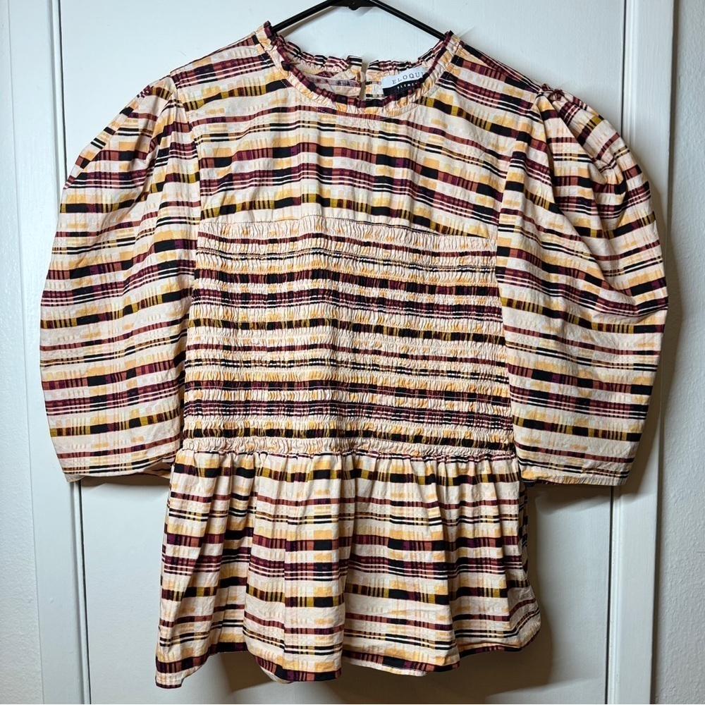 Eloquii Elements Plaid Short Puff Sleeves Peplum Smocked Cream Black Blouse 22 - Picture 3 of 16